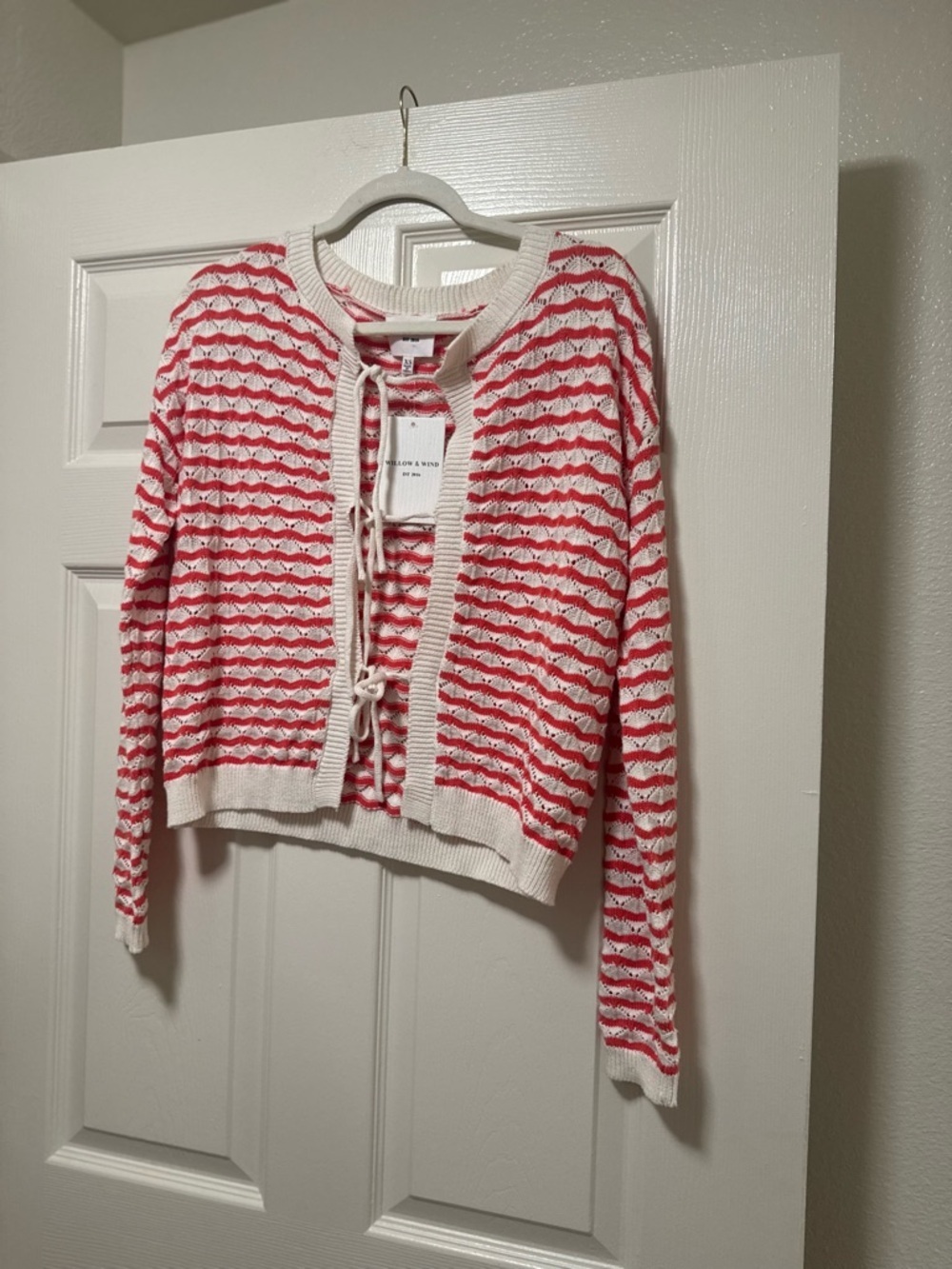 Willow & Wind Striped Tie-Front Knit Cardigan Sweater - Pink & White - Picture 2 of 11